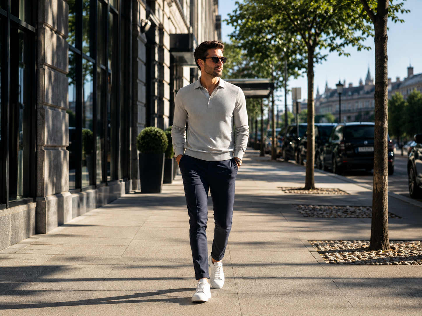 A man walking on a sunny city sidewalk wearing a light gray long-sleeve polo shirt, dark navy trousers, and white sneakers.