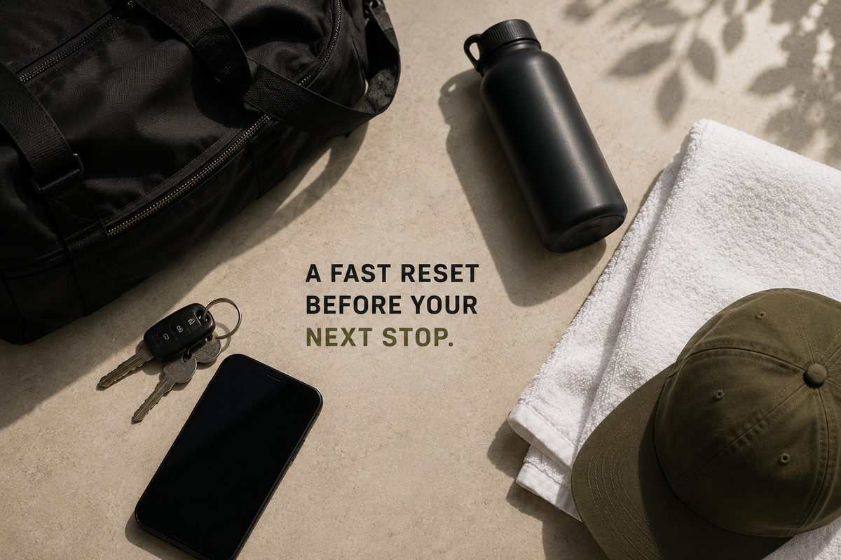 A styled flat-lay of travel accessories on a light concrete surface: a black duffel bag, black water bottle, white towel, olive green baseball cap, keys, and a black smartphone, with centered text reading 'A FAST RESET BEFORE YOUR NEXT STOP.'.